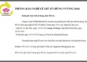 Văn phòng luật sư Dragon thông báo nghỉ lễ Giỗ tổ Hùng Vương năm 2016