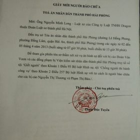 Văn phòng luật sư Dragon tại Hà nội nhận được giấy mời và quyết định của Tòa án nhân dân thành phố Hải phòng