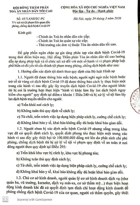 Ý nghĩa của văn bản số 45/TANDTC-PC về xét xử tội phạm liên quan đến phòng chống dịch bệnh Covid -19