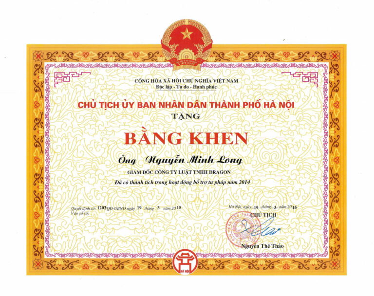 Bằng khen / chứng nhận Công ty Luật Dragon 18